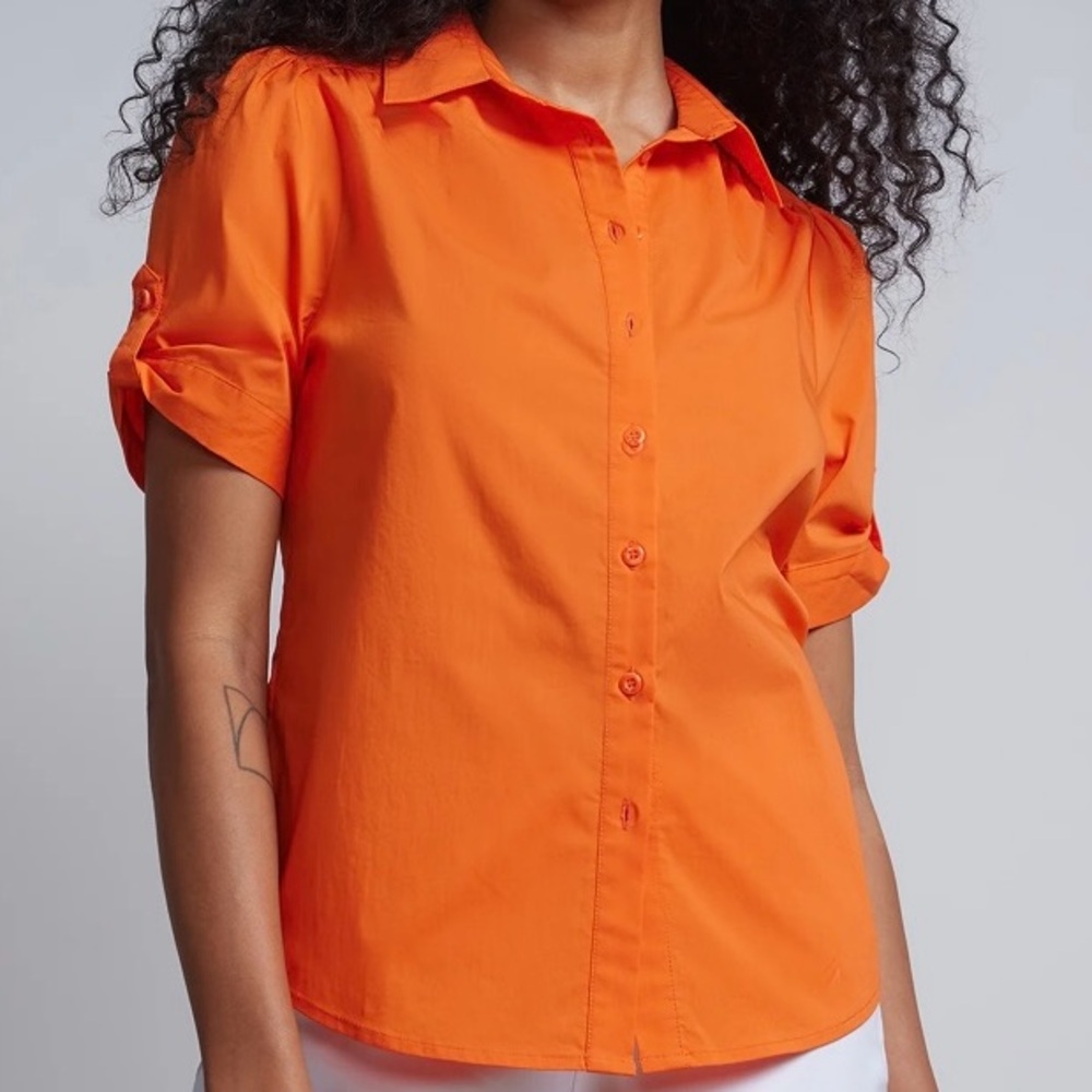 Short-Sleeve Button-Front Secret Snap - NY&C Madison Shirt® LARGE / ORANGE - NWT